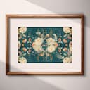 Matted frame view of A maximalist textile print, symmetric floral pattern