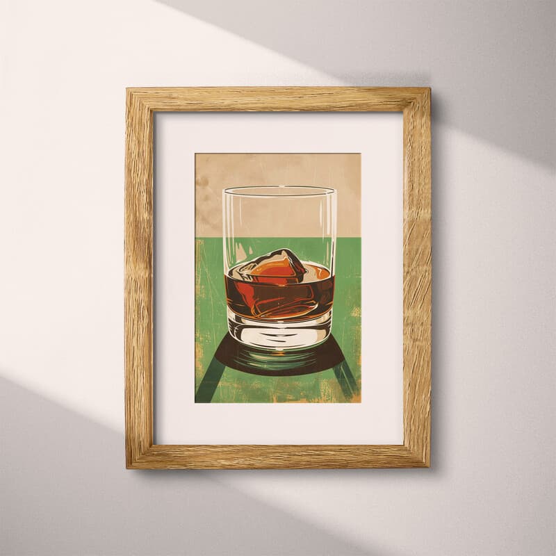 Matted frame view of A vintage linocut print, a glass of bourbon
