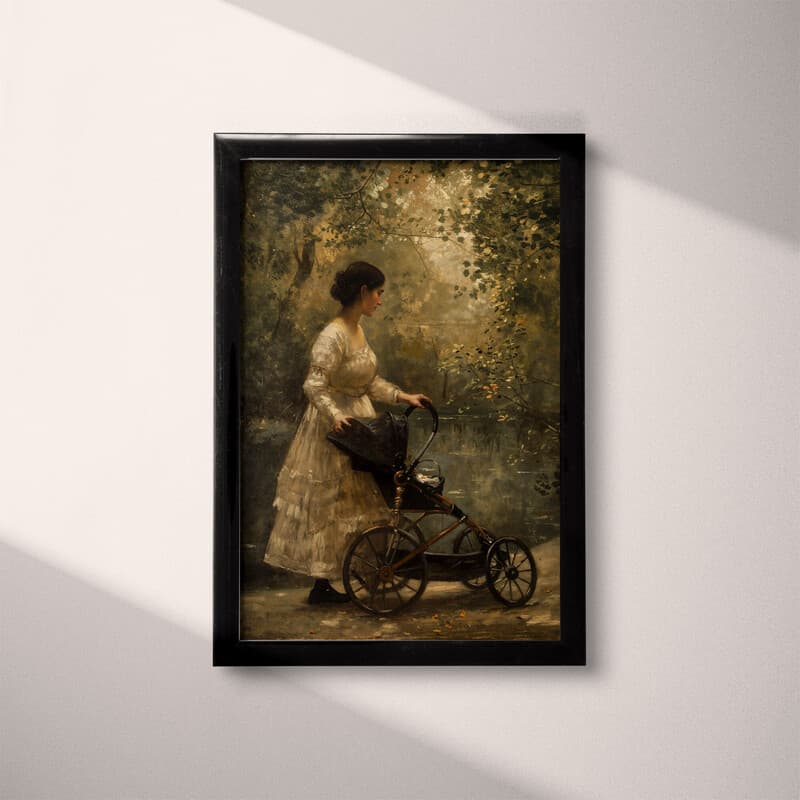 Full frame view of A vintage oil painting, a woman with a stroller in the park, side view