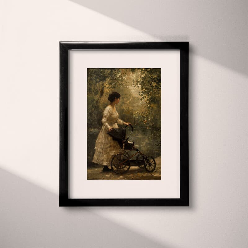 Matted frame view of A vintage oil painting, a woman with a stroller in the park, side view