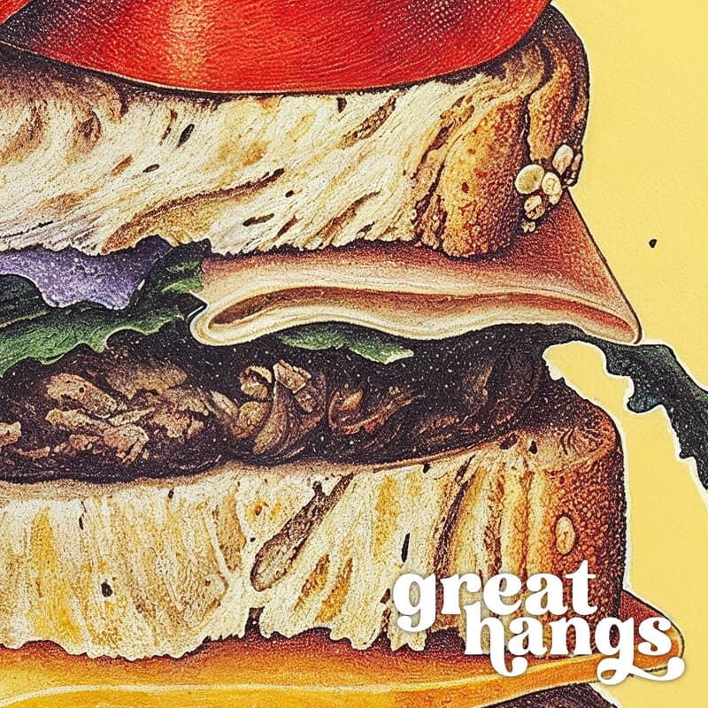 Closeup view of A vintage colored pencil illustration, a sandwich stacked high