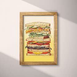Sandwich Art | Food Wall Art | Food & Drink Print | White, Yellow, Black, Red, Brown, Gray and Purple Decor | Vintage Wall Decor | Kitchen & Dining Digital Download | Back To School Art | Thanksgiving Wall Art | Summer Print | Colored Pencil Illustration