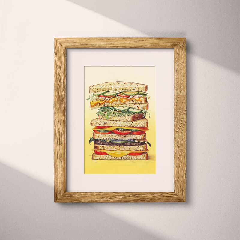 Matted frame view of A vintage colored pencil illustration, a sandwich stacked high