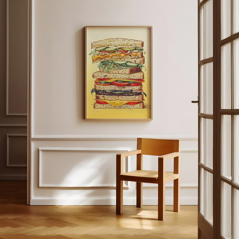 Room view with a full frame of A vintage colored pencil illustration, a sandwich stacked high