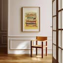 Room view with a matted frame of A vintage colored pencil illustration, a sandwich stacked high