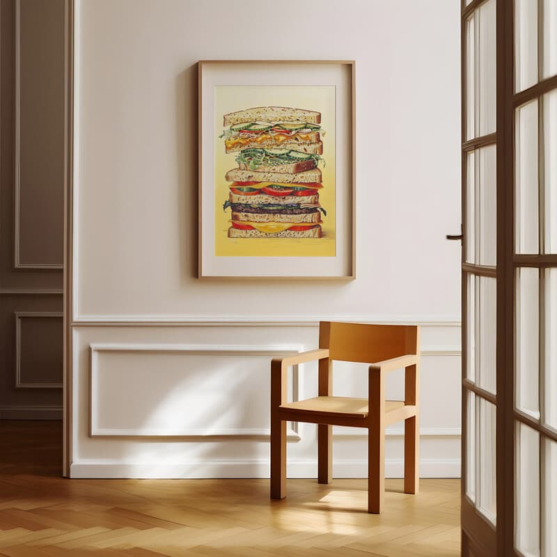 Room view with a matted frame of A vintage colored pencil illustration, a sandwich stacked high