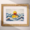 Matted frame view of A cute simple illustration with simple shapes, a yellow rubber duck in waves