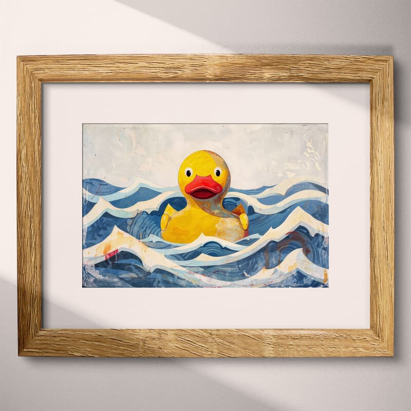 Matted frame view of A cute simple illustration with simple shapes, a yellow rubber duck in waves