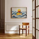 Room view with a full frame of A cute simple illustration with simple shapes, a yellow rubber duck in waves