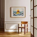 Room view with a matted frame of A cute simple illustration with simple shapes, a yellow rubber duck in waves