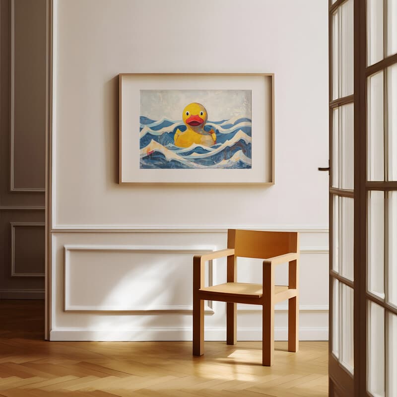 Room view with a matted frame of A cute simple illustration with simple shapes, a yellow rubber duck in waves