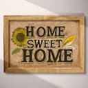 Full frame view of A vintage linocut print, the words "HOME SWEET HOME" with a sunflower