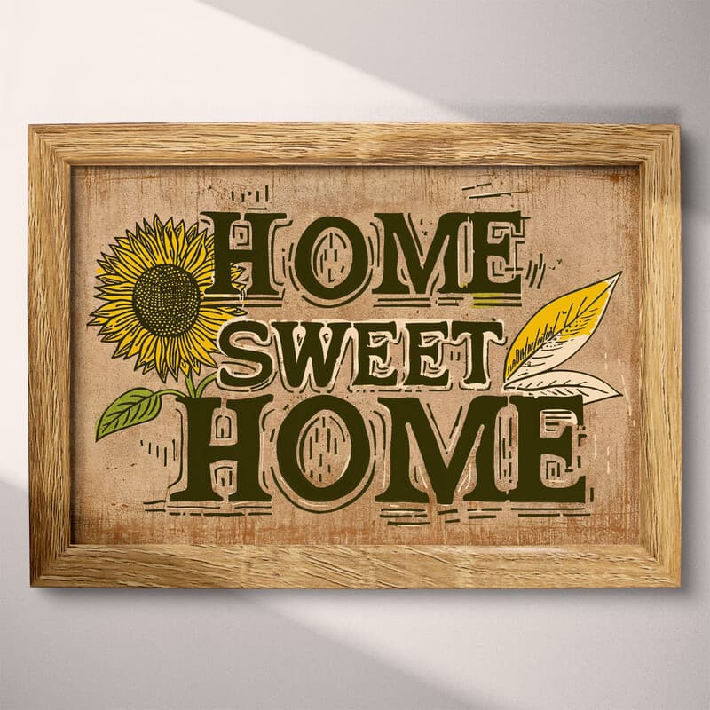 Full frame view of A vintage linocut print, the words "HOME SWEET HOME" with a sunflower