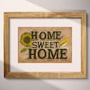 Matted frame view of A vintage linocut print, the words "HOME SWEET HOME" with a sunflower