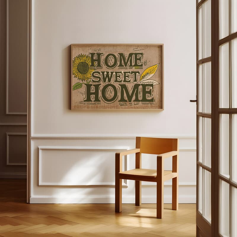 Room view with a full frame of A vintage linocut print, the words "HOME SWEET HOME" with a sunflower