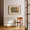 Room view with a matted frame of A vintage linocut print, the words "HOME SWEET HOME" with a sunflower