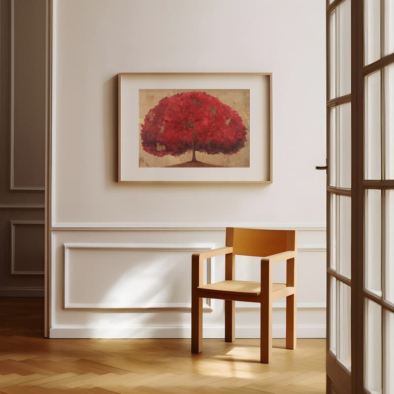 Room view with a matted frame of An abstract impressionist oil painting, a large blooming tree