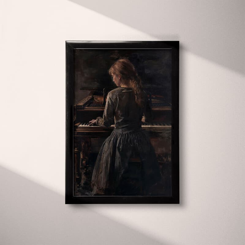 Full frame view of A vintage oil painting, a girl playing piano, back view