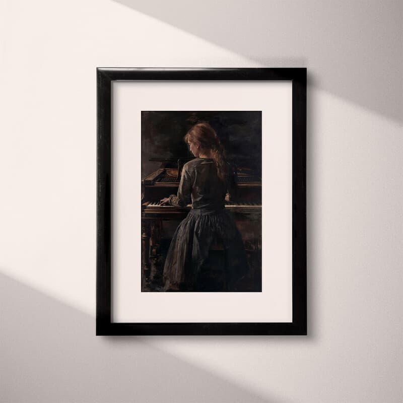 Matted frame view of A vintage oil painting, a girl playing piano, back view