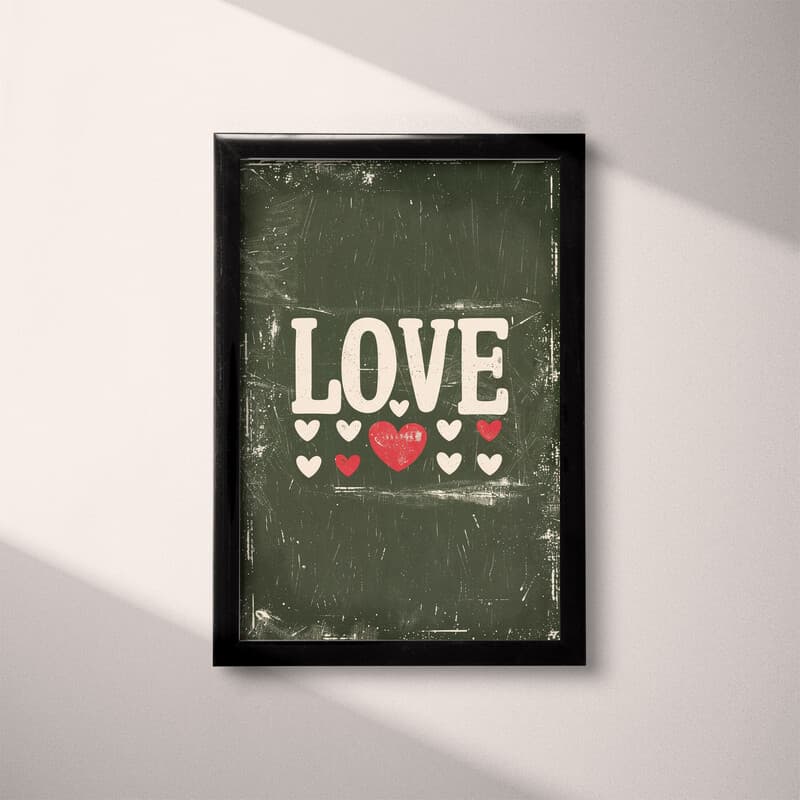 Full frame view of A vintage letterpress print, the word "LOVE" with hearts