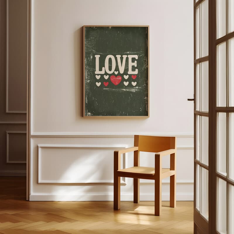 Room view with a full frame of A vintage letterpress print, the word "LOVE" with hearts