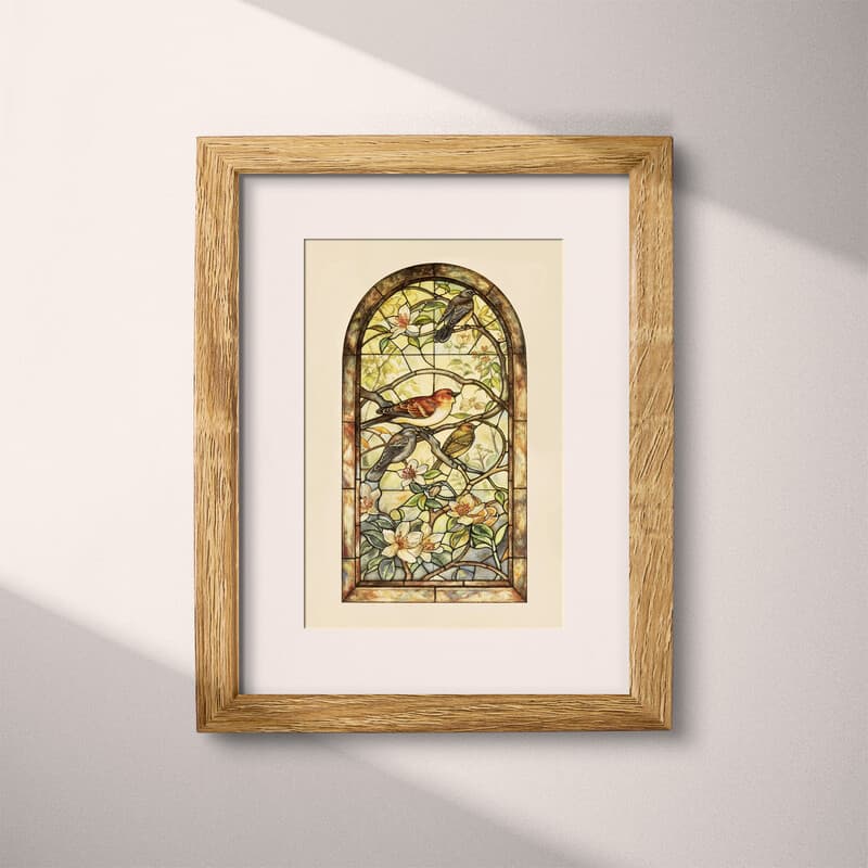 Matted frame view of An art nouveau pastel pencil illustration, a stained glass window with birds