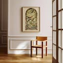 Room view with a full frame of An art nouveau pastel pencil illustration, a stained glass window with birds