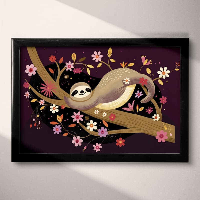 Full frame view of A cute simple illustration with simple shapes, a sloth on a flowery tree branch