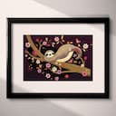 Matted frame view of A cute simple illustration with simple shapes, a sloth on a flowery tree branch