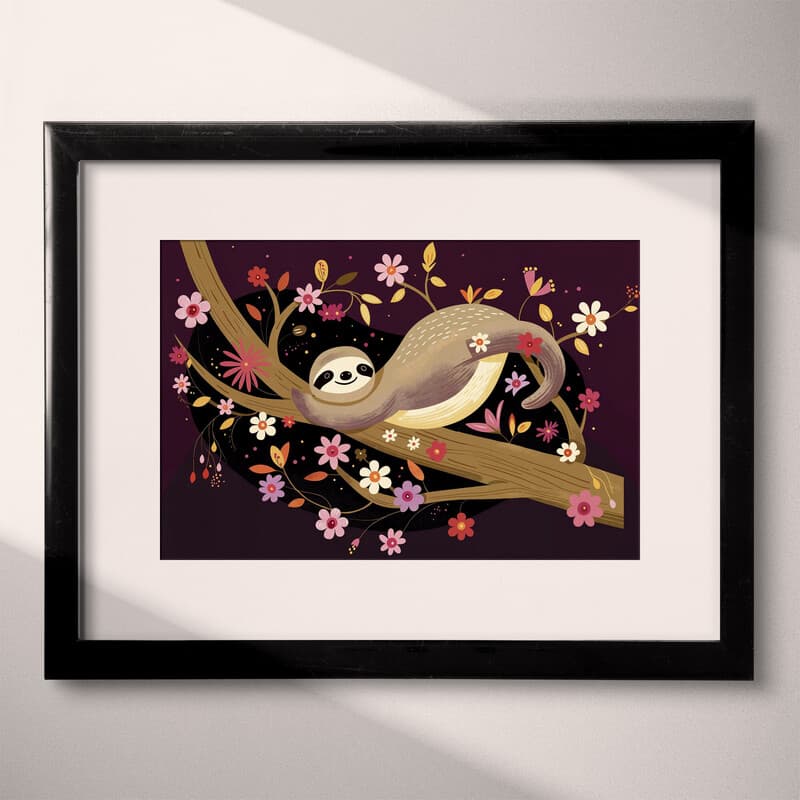 Matted frame view of A cute simple illustration with simple shapes, a sloth on a flowery tree branch