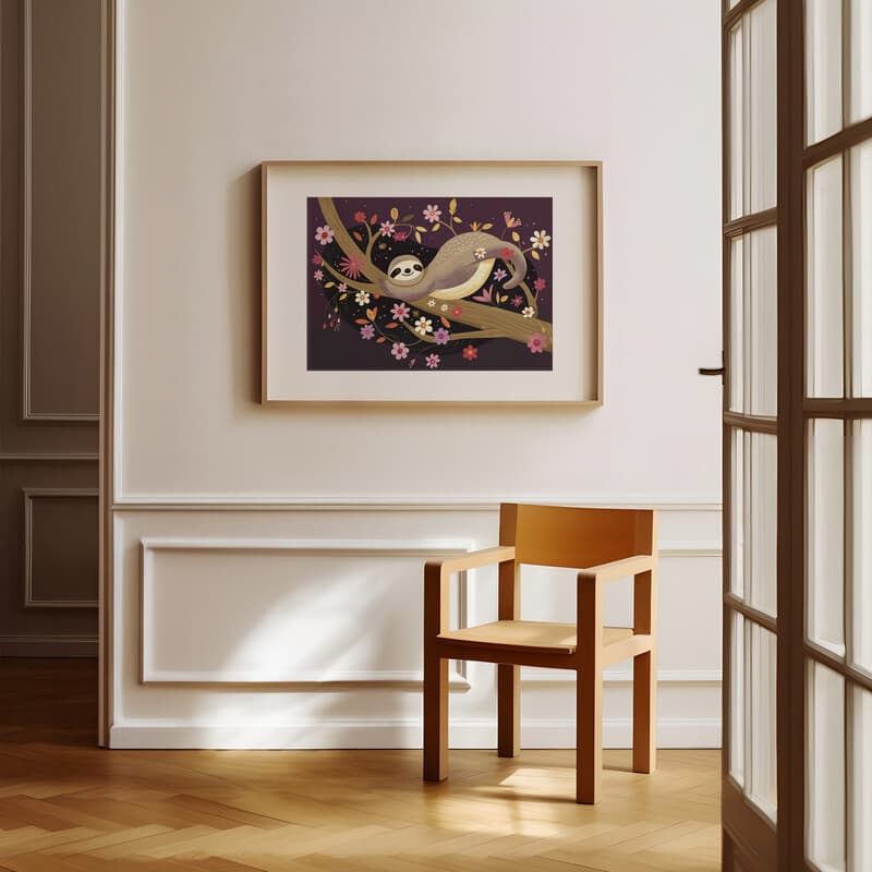 Room view with a matted frame of A cute simple illustration with simple shapes, a sloth on a flowery tree branch