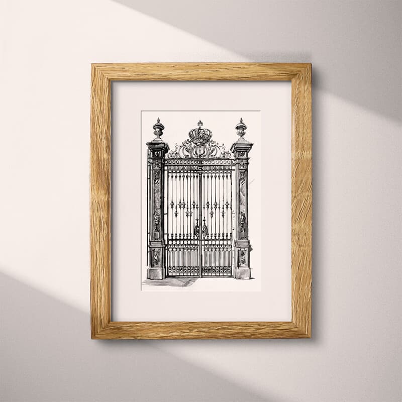 Matted frame view of A vintage graphite sketch, front view of a gate