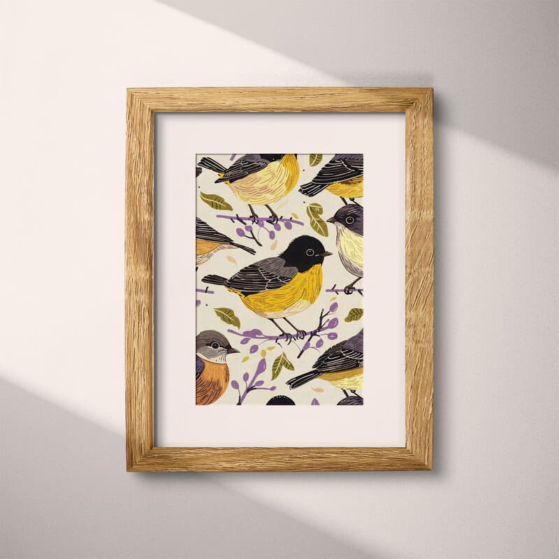 Matted frame view of A farmhouse textile print, pattern of birds