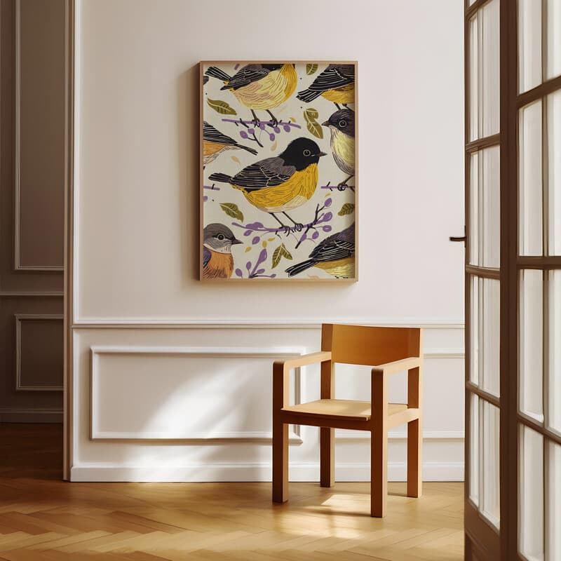 Room view with a full frame of A farmhouse textile print, pattern of birds