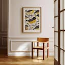 Room view with a matted frame of A farmhouse textile print, pattern of birds