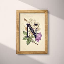 Letter N Digital Download | Typography Wall Decor | Flowers Decor | Beige, Purple and Brown Print | Vintage Wall Art | Nursery Art | Back To School Digital Download | Autumn Wall Decor | Pastel Pencil Illustration