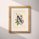 Matted frame view of A vintage pastel pencil illustration, the letter "N" with a flower