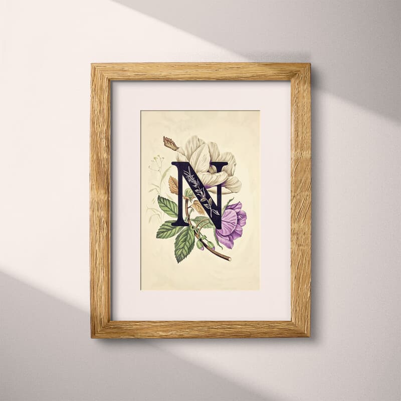 Matted frame view of A vintage pastel pencil illustration, the letter "N" with a flower