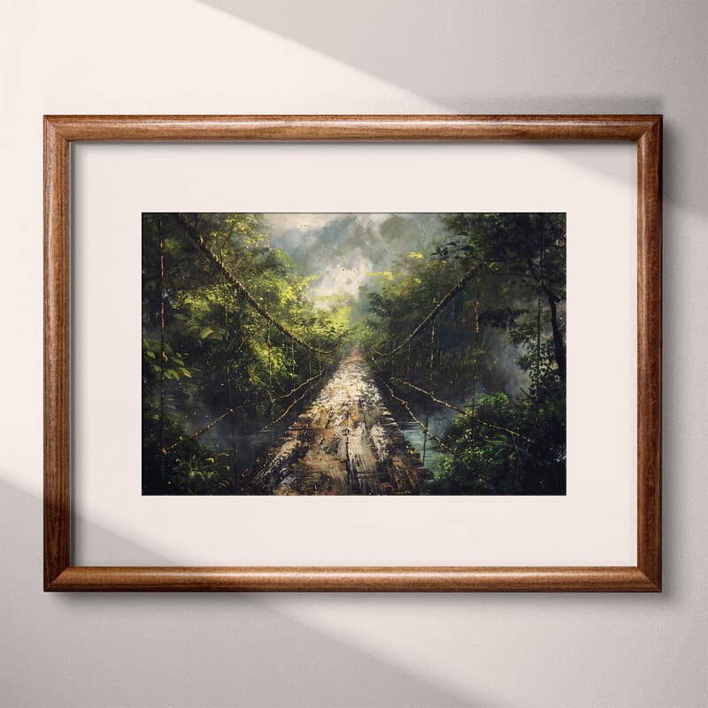 Matted frame view of An impressionist oil painting, a jungle bridge, distant view