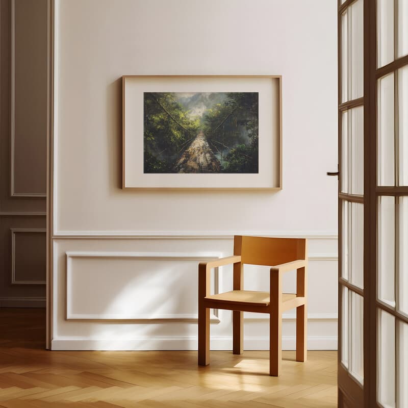 Room view with a matted frame of An impressionist oil painting, a jungle bridge, distant view