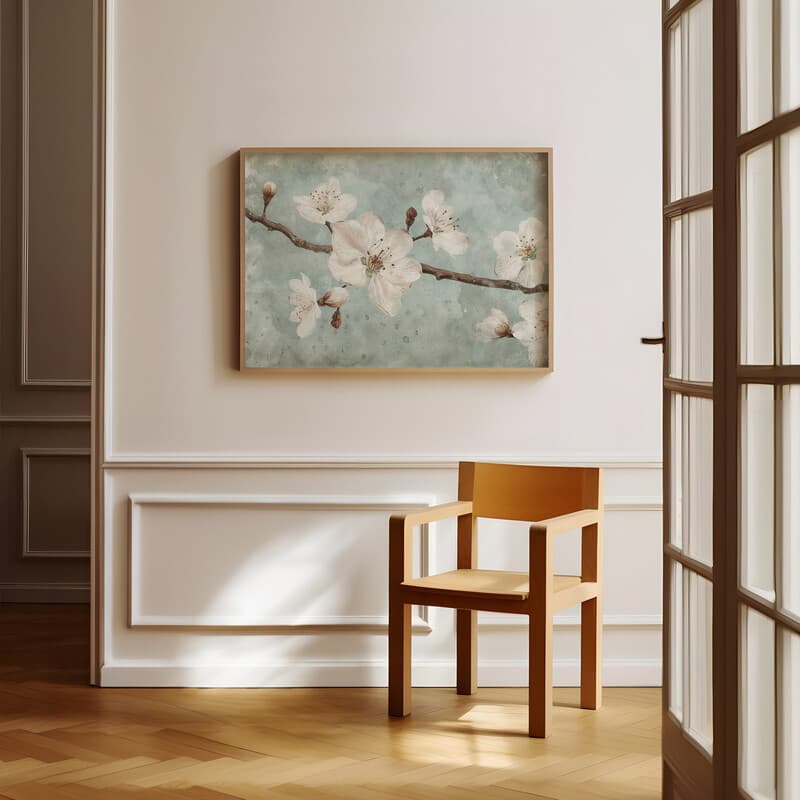 Room view with a full frame of A rustic pastel pencil illustration, almond blossoms