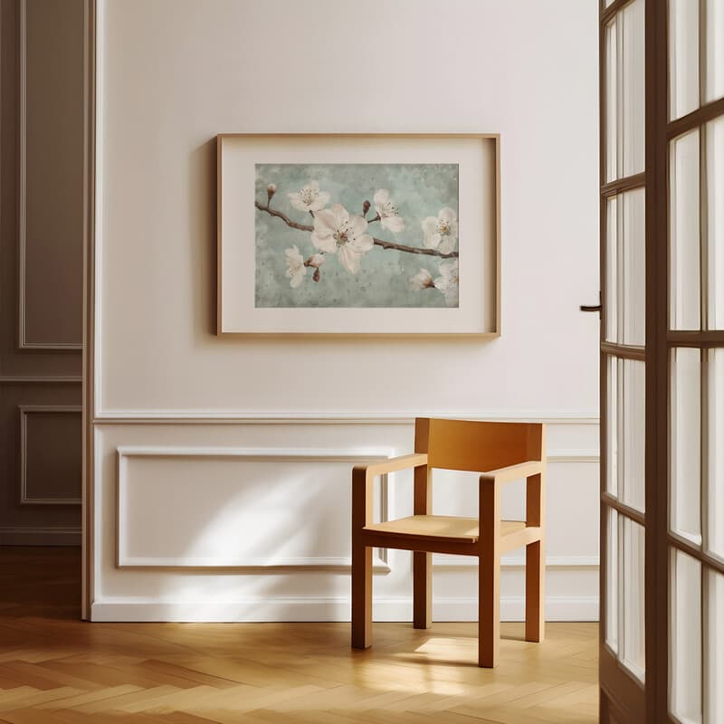 Room view with a matted frame of A rustic pastel pencil illustration, almond blossoms