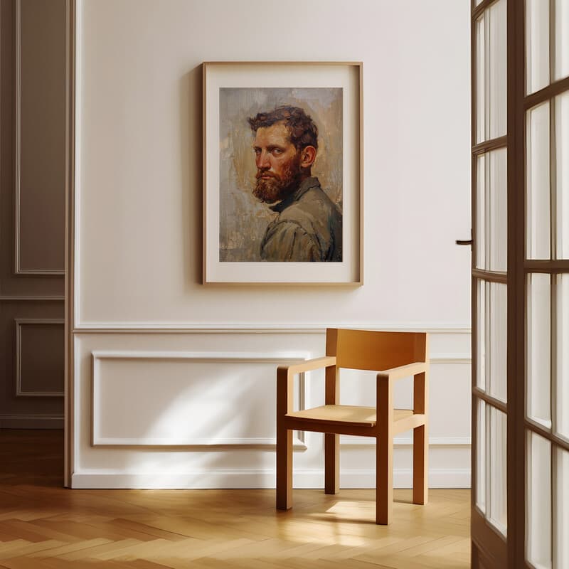 Room view with a matted frame of A vintage oil painting, portrait of a man with a beard
