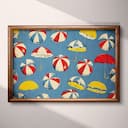 Full frame view of A maximalist textile print, pattern of beach balls and beach umbrellas