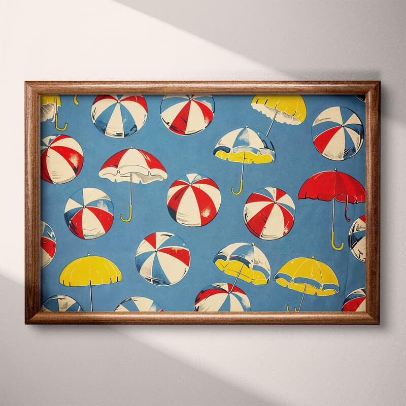 Full frame view of A maximalist textile print, pattern of beach balls and beach umbrellas