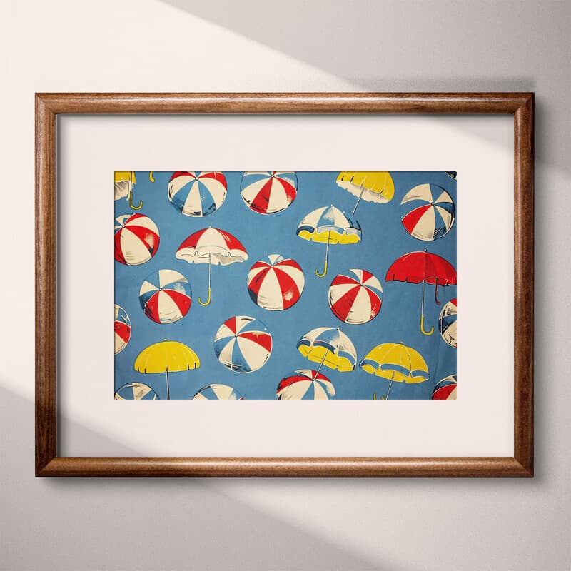 Matted frame view of A maximalist textile print, pattern of beach balls and beach umbrellas