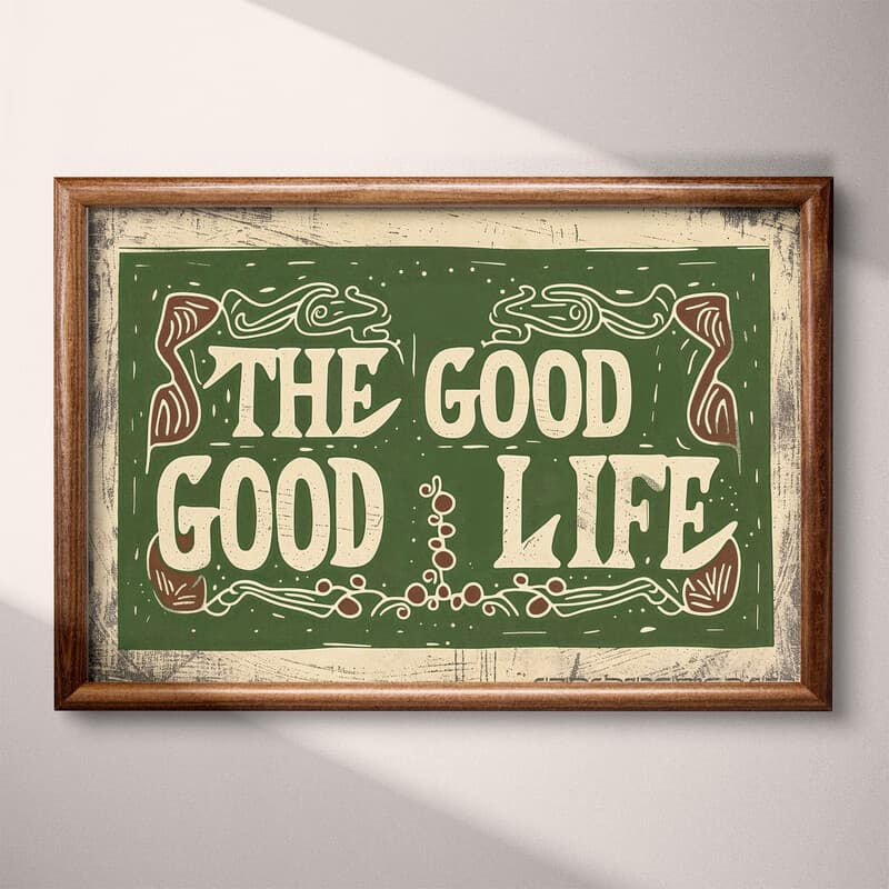 Full frame view of A vintage linocut print, the words "THE GOOD GOOD LIFE" with a pattern