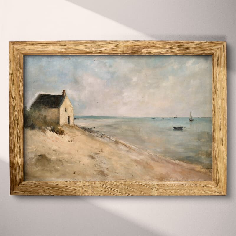 Full frame view of An impressionist oil painting, a home on the beach, boats in the distance