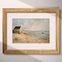 Matted frame view of An impressionist oil painting, a home on the beach, boats in the distance