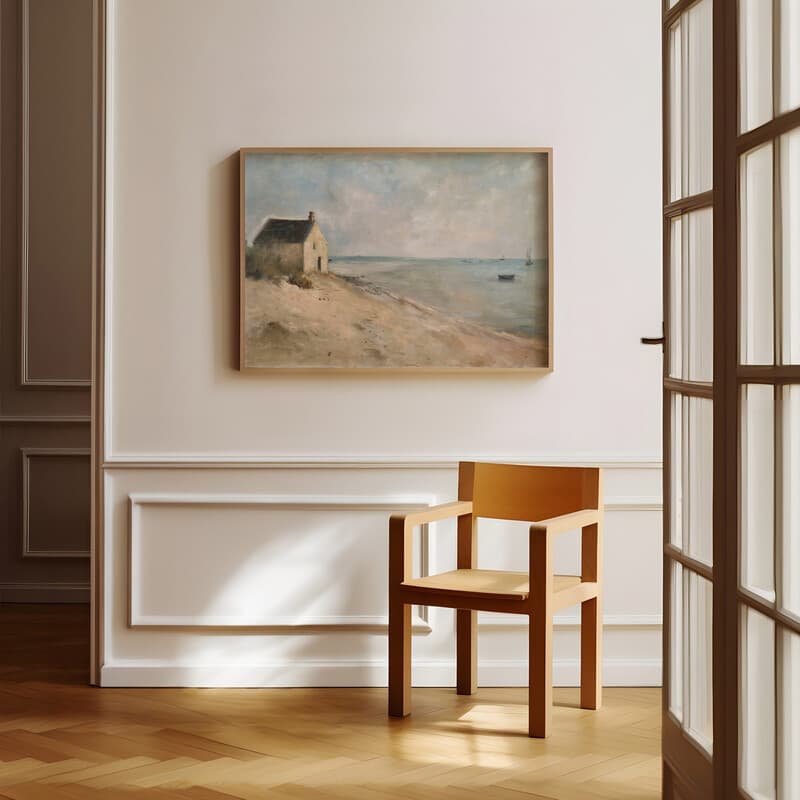 Room view with a full frame of An impressionist oil painting, a home on the beach, boats in the distance